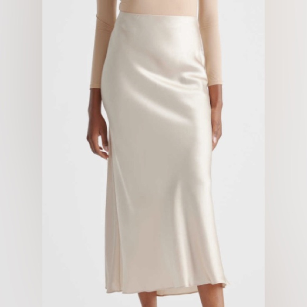 EUC By Together champagne/ gold silky, stretch bias long skirt, S